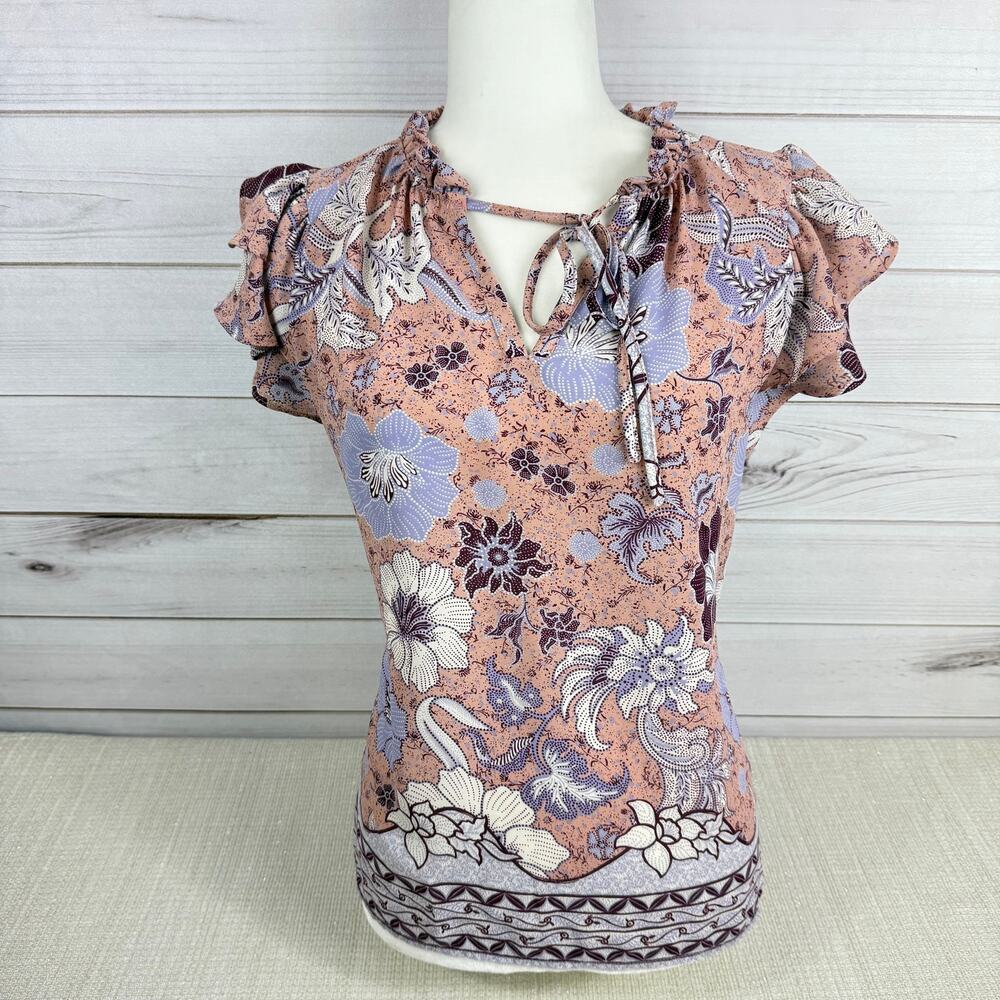 Joie Flutter Sleeve Floral Top Blouse Ruffle Tie Neck‎ Size Small